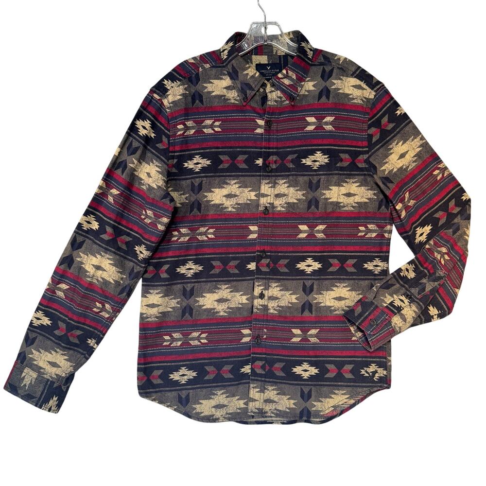 American Eagle Outfitters Button Down Classic Fit Shirt Men M Red Gray Tribal
